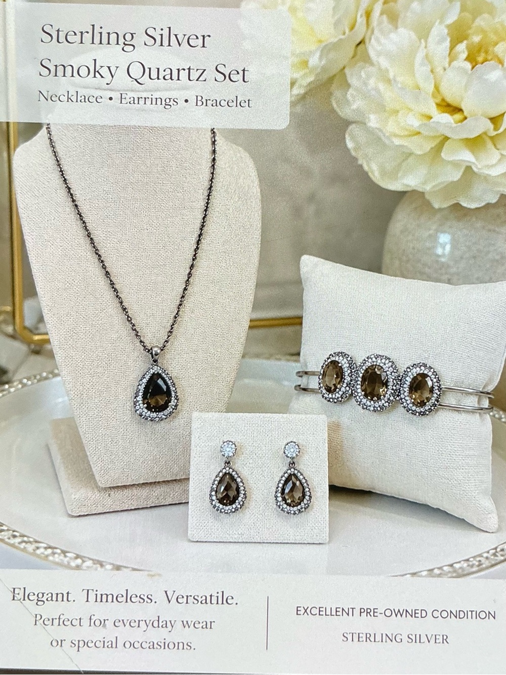 Sterling Silver Smoky Quartz Jewelry Set - Necklace, Earrings & Bracelet